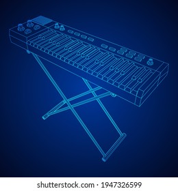 Piano roll analog synthesizer faders buttons knobs. Wireframe low poly mesh vector illustration.
