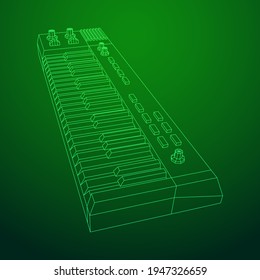 Piano roll analog synthesizer faders buttons knobs. Wireframe low poly mesh vector illustration.