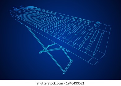 Piano roll analog synthesizer faders buttons knobs. Wireframe low poly mesh vector illustration.