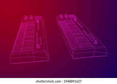 Piano roll analog synthesizer faders buttons knobs. Wireframe low poly mesh vector illustration.