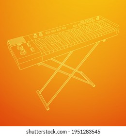 Piano roll analog synthesizer faders buttons knobs. Wireframe low poly mesh vector illustration.
