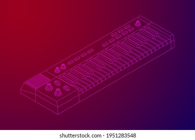 Piano roll analog synthesizer faders buttons knobs. Wireframe low poly mesh vector illustration.
