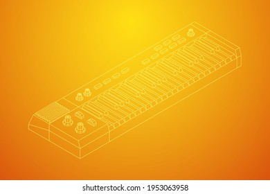 Piano roll analog synthesizer faders buttons knobs. Wireframe low poly mesh vector illustration.