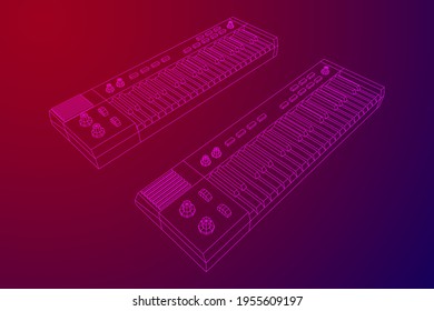 Piano roll analog synthesizer faders buttons knobs. Wireframe low poly mesh vector illustration.