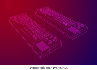 Piano roll analog synthesizer faders buttons knobs. Wireframe low poly mesh vector illustration.