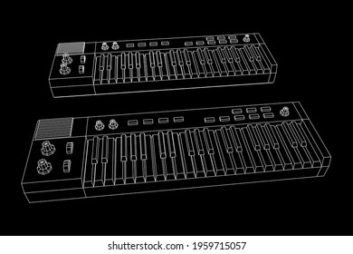 Piano roll analog synthesizer faders buttons knobs. Wireframe low poly mesh vector illustration.