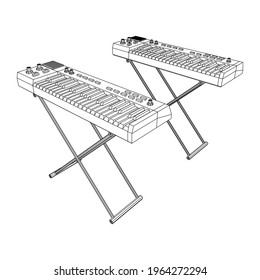 Piano roll analog synthesizer faders buttons knobs. Wireframe low poly mesh vector illustration.