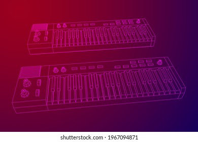 Piano roll analog synthesizer faders buttons knobs. Wireframe low poly mesh vector illustration.
