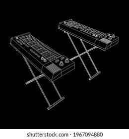 Piano roll analog synthesizer faders buttons knobs. Wireframe low poly mesh vector illustration.