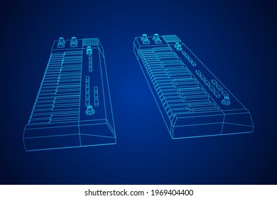 Piano roll analog synthesizer faders buttons knobs. Wireframe low poly mesh vector illustration.