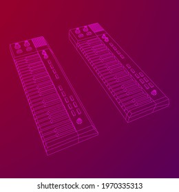 Piano roll analog synthesizer faders buttons knobs. Wireframe low poly mesh vector illustration.