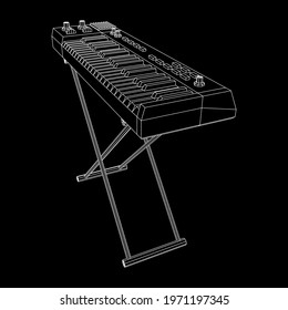 Piano roll analog synthesizer faders buttons knobs. Wireframe low poly mesh vector illustration.