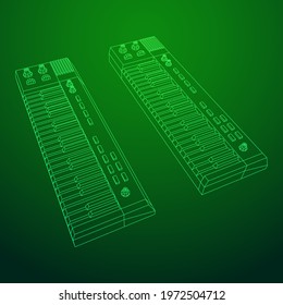 Piano roll analog synthesizer faders buttons knobs. Wireframe low poly mesh vector illustration.