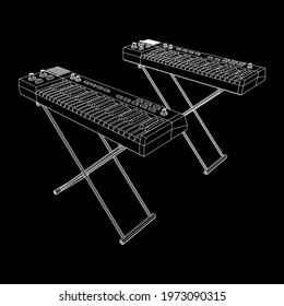 Piano roll analog synthesizer faders buttons knobs. Wireframe low poly mesh vector illustration.