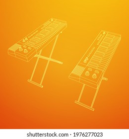 Piano roll analog synthesizer faders buttons knobs. Wireframe low poly mesh vector illustration.