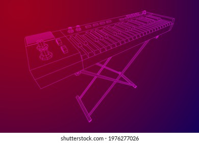 Piano roll analog synthesizer faders buttons knobs. Wireframe low poly mesh vector illustration.