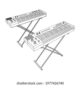 Piano roll analog synthesizer faders buttons knobs. Wireframe low poly mesh vector illustration.