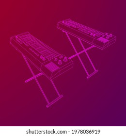 Piano roll analog synthesizer faders buttons knobs. Wireframe low poly mesh vector illustration.