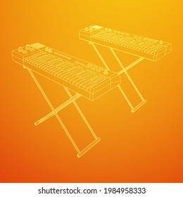 Piano roll analog synthesizer faders buttons knobs. Wireframe low poly mesh vector illustration.