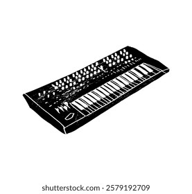 Piano roll analog synthesizer faders buttons knobs. Wireframe textured vector illustration.