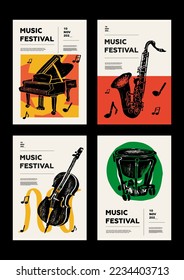 Piano, saxophone, sax, contrabass, cello, drum. Music festival poster. Musical instruments. Competition.  A set of vector illustrations. Minimalistic design. Banner, flyer, cover, print.