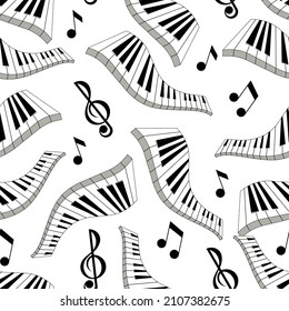 Piano with sheet music and stave. Music. Seamless pattern with musical instruments. Vector image. 