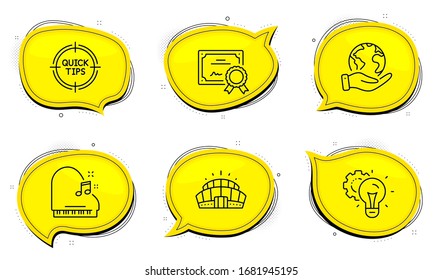 Piano sign. Diploma certificate, save planet chat bubbles. Tips, Idea gear and Arena stadium line icons set. Quick tricks, Technology process, Competition building. Fortepiano. Business set. Vector