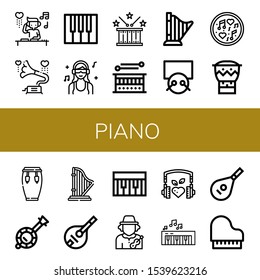 piano simple icons set. Contains such icons as DJ, Gramophone, Piano, Drum, Harp, Drums, Music, Bongo, Conga, Banjo, Mandolin, Musician, Lute, can be used for web, mobile and logo