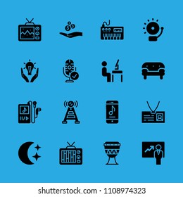 piano, sofa, presentation, antenna, id card, smartphone, alarm, alms and music player vector icon. Simple icons set