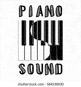 Piano Sound Calligraphy Illusion Logo Lettering with Piano Keys Yin Yang Style Composition and Grunge Effect - Black Elements on White Rough Paper Background - Flat Contrast Graphic Design