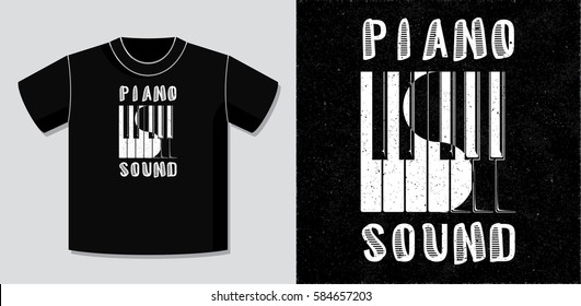 Piano Sound Calligraphy Illusion Logo Lettering and Piano Keys Composition with Potential Application Example on T-Shirt Vector Template - White Elements on Black Background - Yin Yang Graphic Design