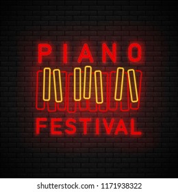 Piano symbol neon. Piano keyboard icon. Jazz cafe is a neon sign. Restaurant, bar, party, concert. Design template. illustration.