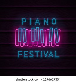 Piano symbol neon. Piano keyboard icon. Jazz cafe is a neon sign. Restaurant, bar, party, concert. Design template. illustration.