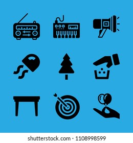 piano, table, hand holding balloons, megaphone, jellyfish, tree, radio, recycling and target vector icon. Simple icons set