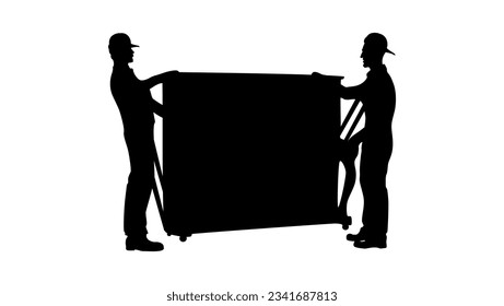 piano transportation, The silhouette of two men carrying a piano, The men are shown working together in unison, each one taking on their own share of the load.