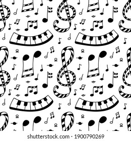 Piano, treble clef and sheet music. Black and white graphic seamless pattern. Design for music school, notebooks, wrapping paper