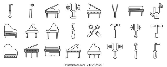 Piano tuner icons set. Line icons representing different tools and equipment used by piano tuners for tuning pianos