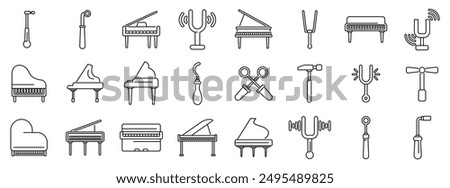 Piano tuner icons set. Line icons representing different tools and equipment used by piano tuners for tuning pianos