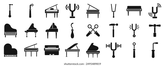 Piano tuner icons set. Piano tuner using tuning fork and professional tools for tuning grand pianos