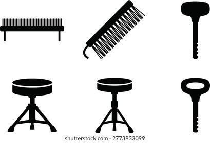 Piano tuning tools silhouette vector icon collection featuring tuning hammer tuning fork brush comb stool and adjustment equipment arranged in grid layout isolated on white background