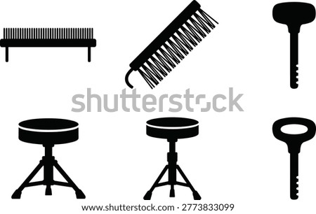 Piano tuning tools silhouette vector icon collection featuring tuning hammer tuning fork brush comb stool and adjustment equipment arranged in grid layout isolated on white background