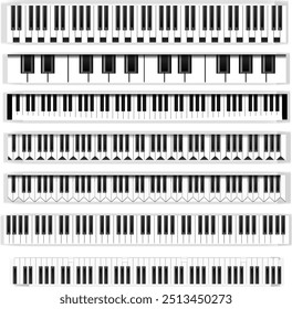 Piano vector arts illustration. row of black and white keys, acoustic music instrument, rock jazz piano  keyboard silhouette, music band piano keyboard vector illustration set.