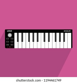 Piano vector illustration. Digital musical instrument - midi keyboard on a pink background. File by layers, easily editable and scalable. Music themed songwriting tools. Drawn in flat style. 