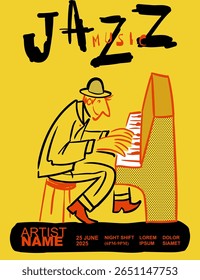 Piano. Ilustração vetorial para poster de jazz. Festival de música. Trompetista. Café bar