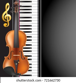 piano and violin realistic musical instruments, golden g clef and space for text. music design vector background