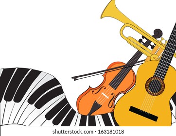Piano, violin, trumpet and guitar on white background