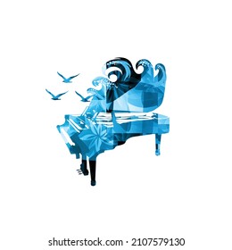 Piano with waves and seagulls isolated for live concert events, jazz music festivals and shows, party flyer. Musical promotional poster with piano, inspirational music vector illustration