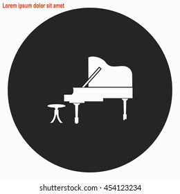 Piano web icon. Gray circle button with white illustration.