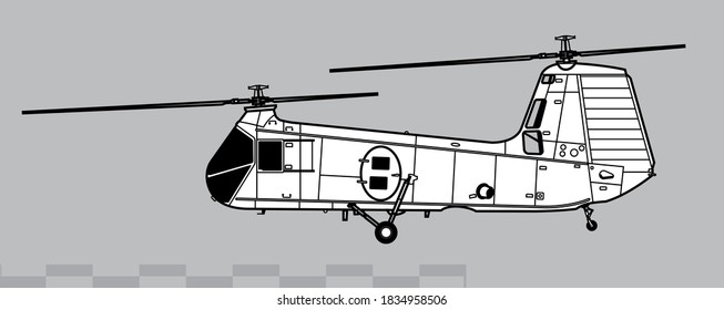 Piasecki HUP Retriever, H-25 Army Mule. Vector Drawing Of Military Transport Helicopter. Side View. Image For Illustration And Infographics.