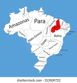 Piaui, Brazil, vector map isolated on Brazil map. Editable vector map silhouette of Brazil. 
